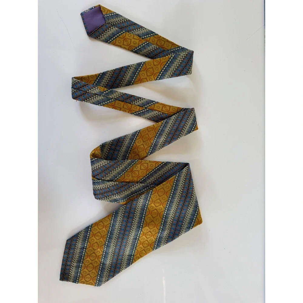 Pulitzer Mens Silk Blend Geometric Medallion Stripe Tie Gold Blue Orange 56